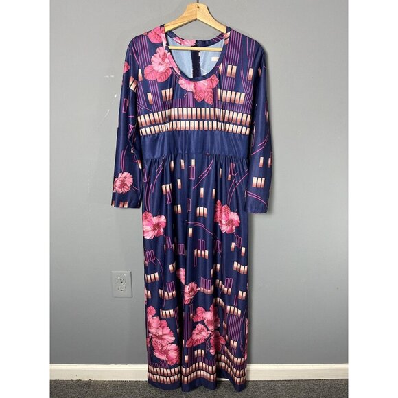 Vintage 70s Womens L Blue/Pink Floral Print Polyester Maxi Dress Hostess 1970s - Picture 1 of 6